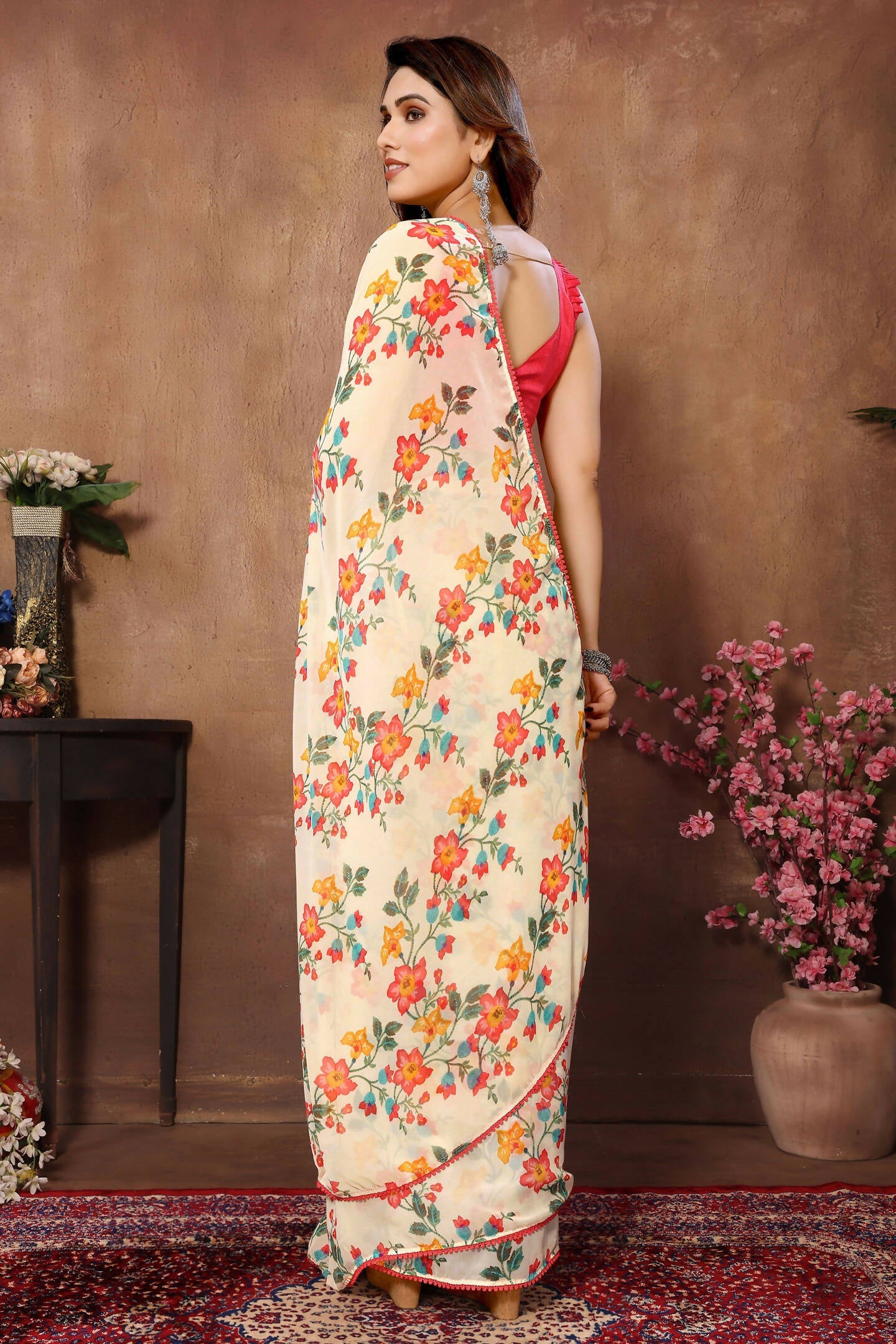 Partywear Designer Cream Georgette Fancy Saree - Satrangi | Swadesiicart
