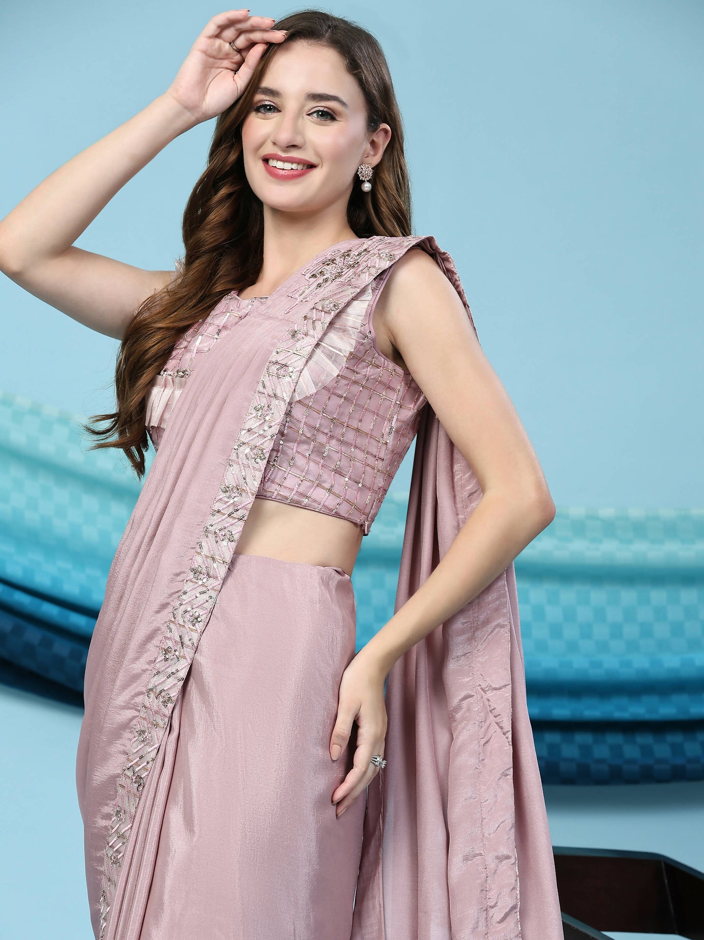 Pink Silk Satin Solid Ready to wear Saree with stitched Blouse - Satiksha | Swadesiicart