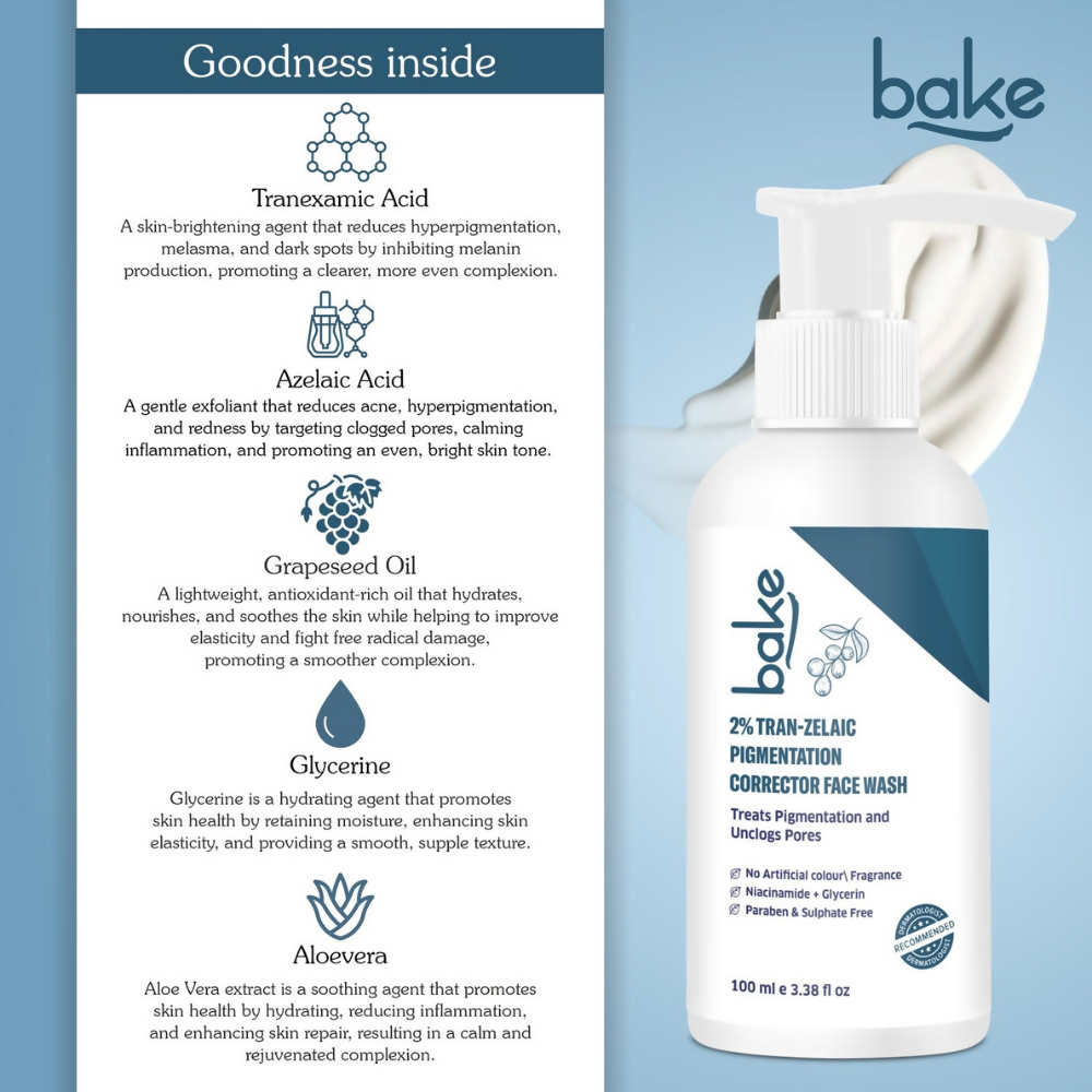 Bake 2% Tran-Zelaic Pigmentation Corrector Milky Face Wash For Pigmentation and unclogged pores | Swadesiicart