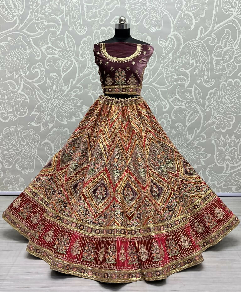 Jyoti Fashion Women's Purple Velvet Golden Gotta, Multi Thread Embroidered with Diamond Work Wedding Lehenga Choli | Swadesiicart