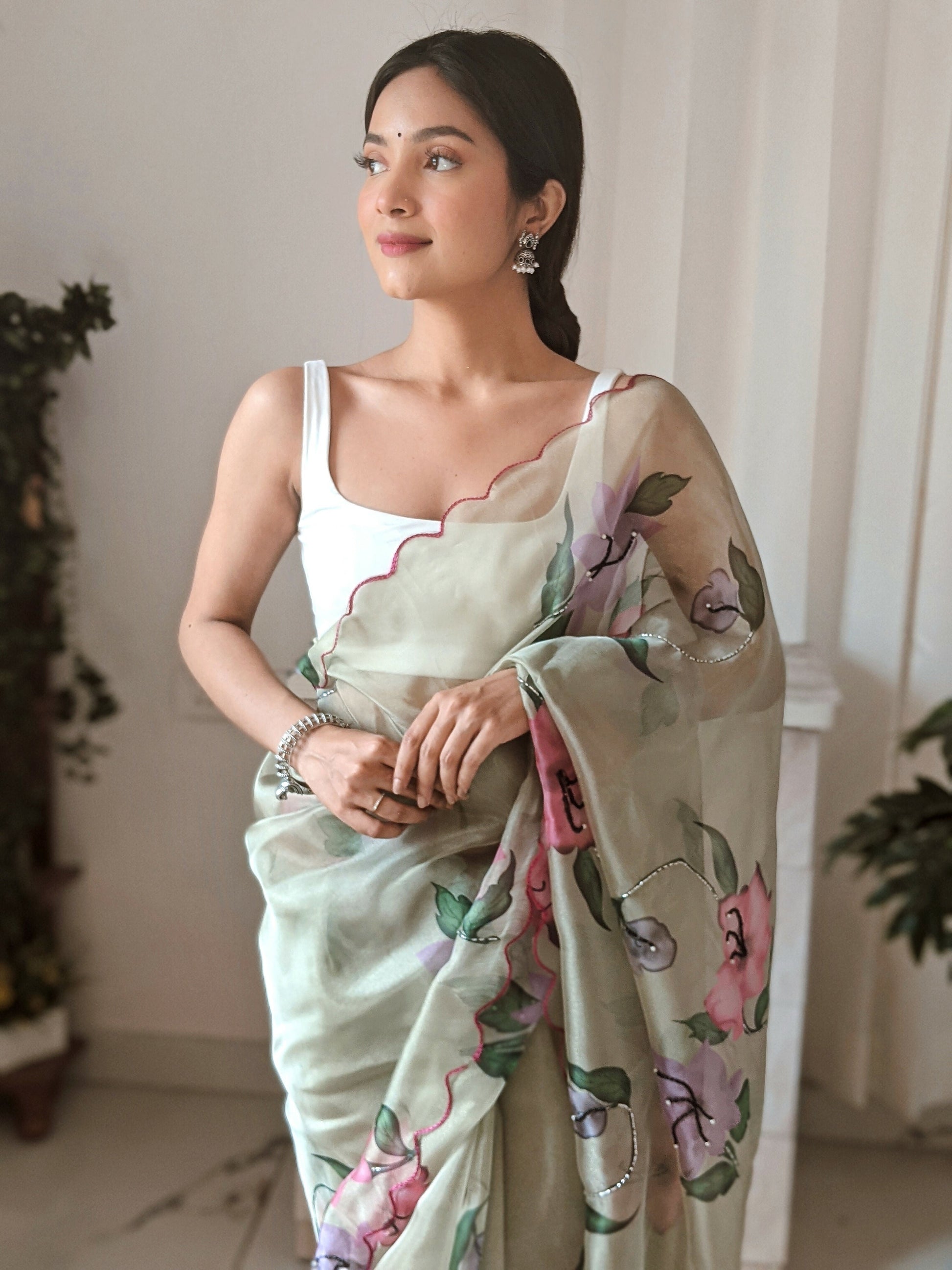 Vamsee Pinki Khatali Green Organza Saree - Swadesiicart