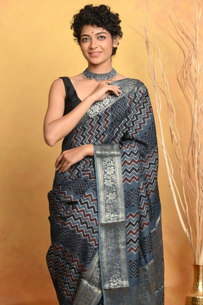 Very Much Indian Modal Silk Ajrakh Handblock Printed Natural Dyes With Designer Border Saree - Grey | Swadesiicart