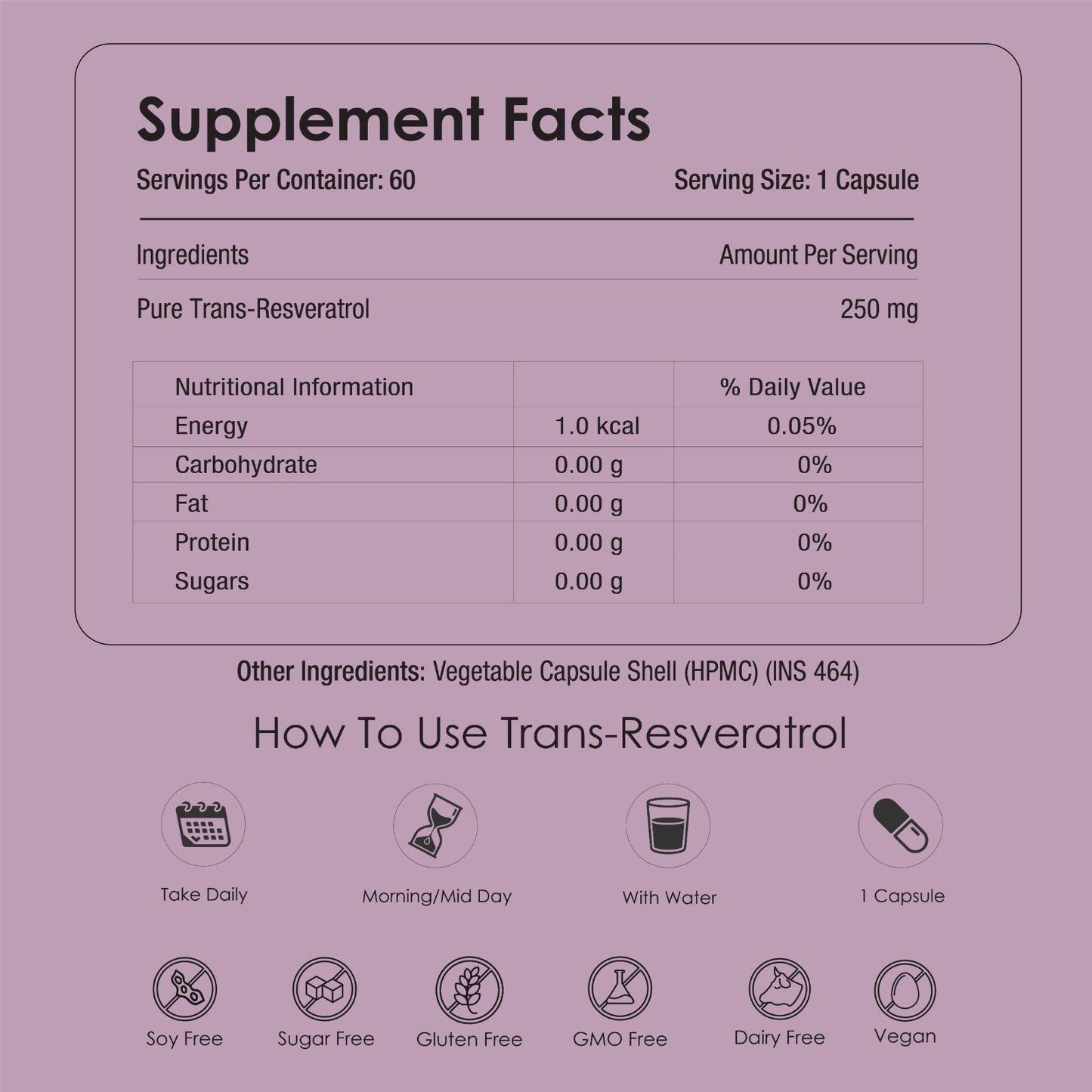 GATACA Pure Trans-Resveratrol - 250 mg Capsules for More Repair, Better Heart, More Life | Swadesiicart
