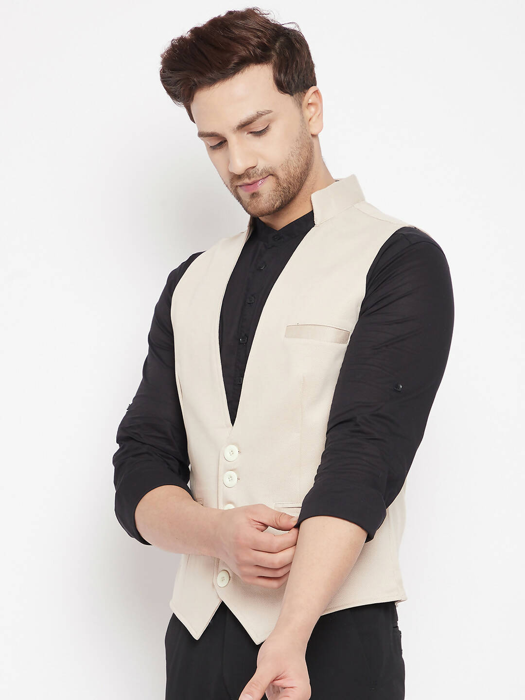 Even Apparels Cream Merino Men Woven Nehru Jacket | Swadesiicart