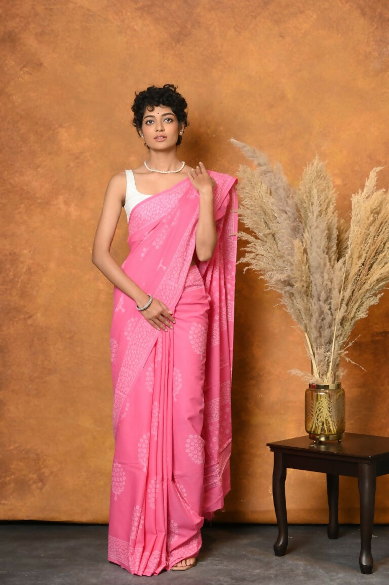 Very Much Indian Handblock Printed Cotton Saree With Natural Dyes - Pink | Swadesiicart