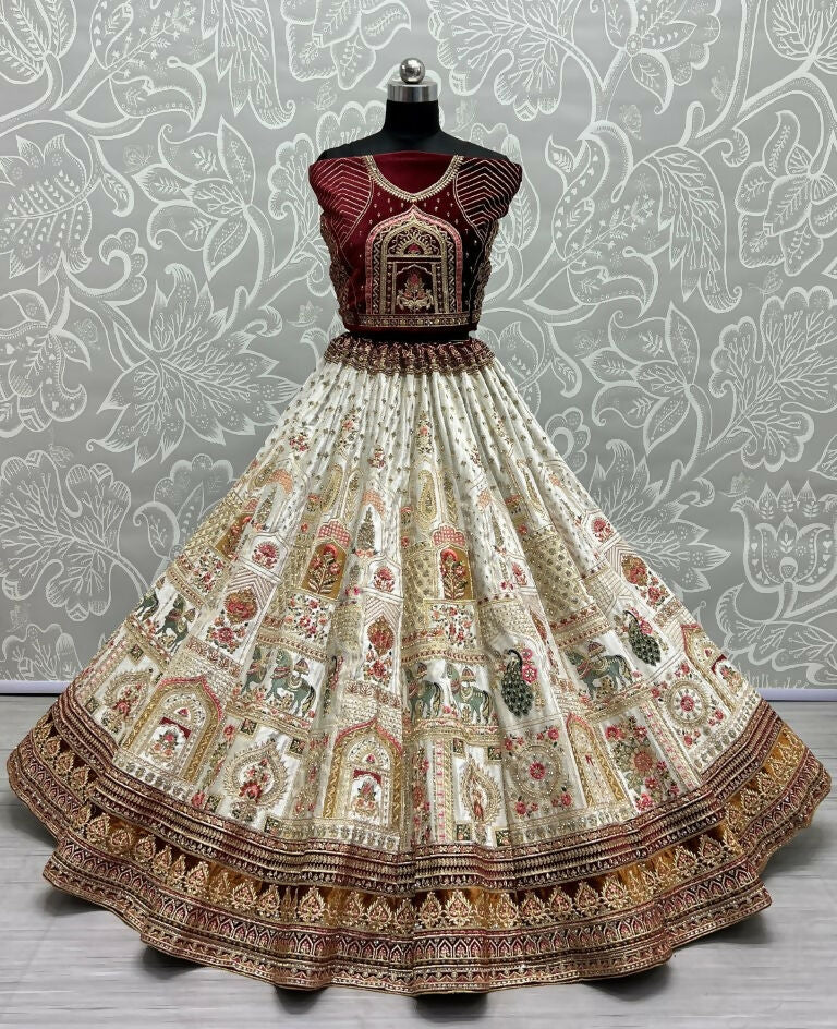 Jyoti Fashion Women's White Velvet Fancy Dori & Sequins with Multi Thread Embroidered with Diamond Work Wedding Lehenga Choli | Swadesiicart