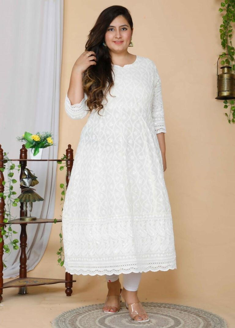 Miravan Women's Plus Size Beige Chikankari Thread Work Anarkali Kurta With Dupatta | Swadesiicart