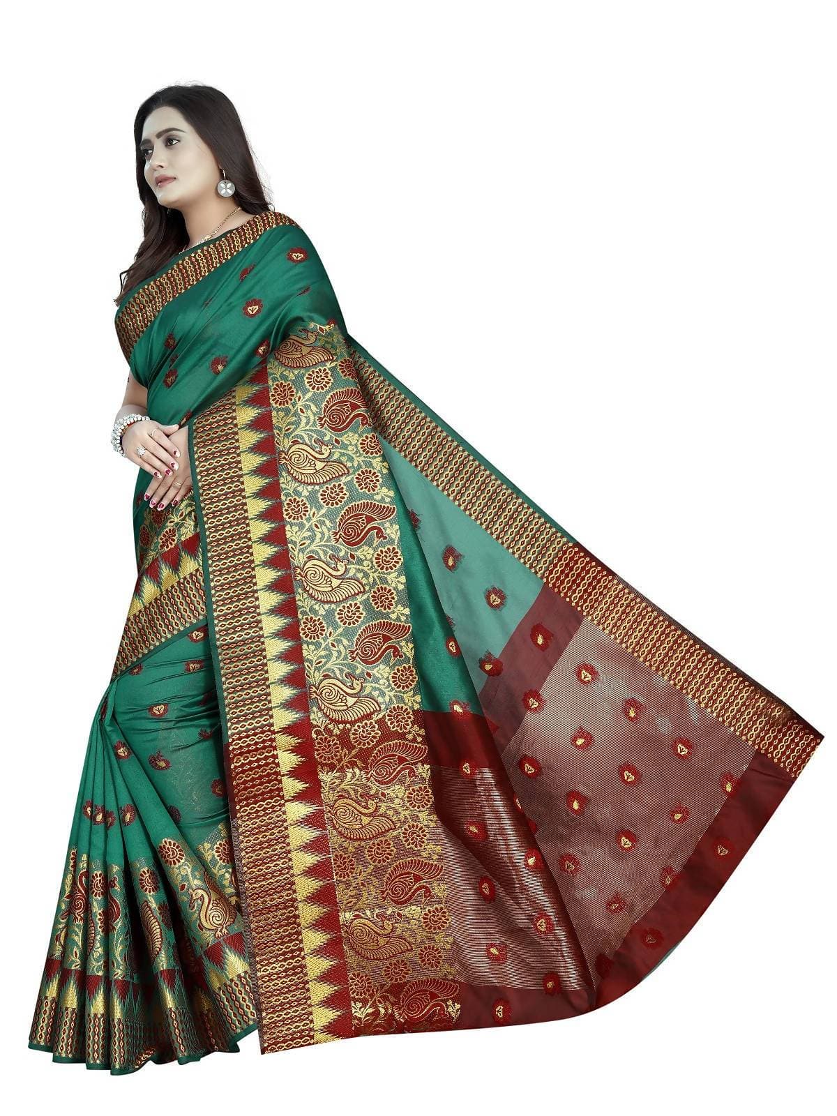 Vamika Banarasi Jaquard Rama Green & Red Weaving Saree | Swadesiicart