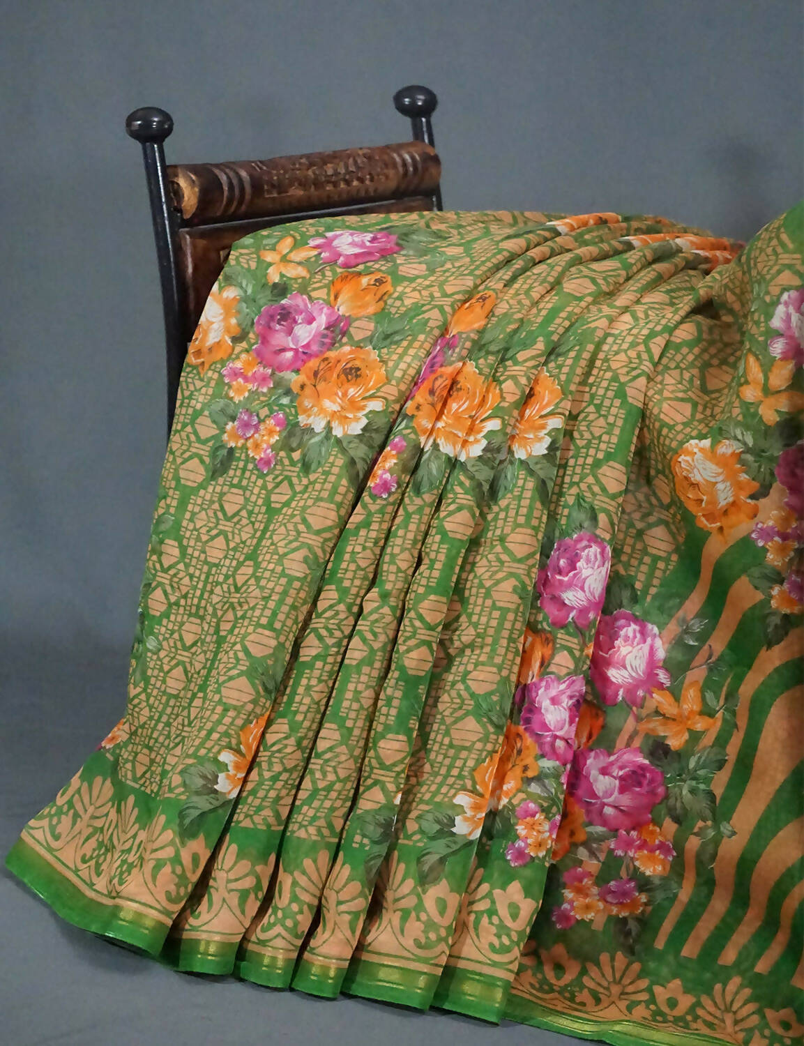 Shades Of Parrot Green Floral Design Semi Chanderi Saree By Gayathri Reddy Designer Studio | Swadesiicart