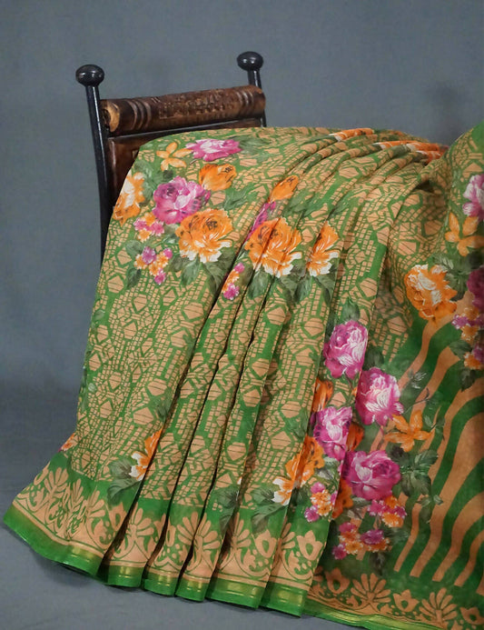 Shades Of Parrot Green Floral Design Semi Chanderi Saree By Gayathri Reddy Designer Studio | Swadesiicart