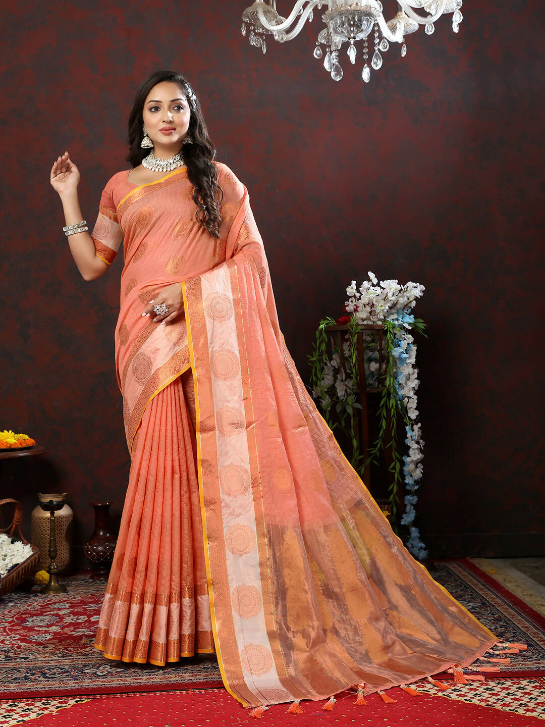 Lorenvalley Fashion Peach Cotton with Woven Design Zari Weaving Saree - Swadesiicart