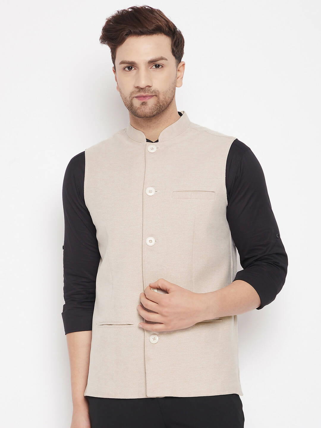 Even Apparels Cream Merino Men Woven Nehru Jacket | Swadesiicart