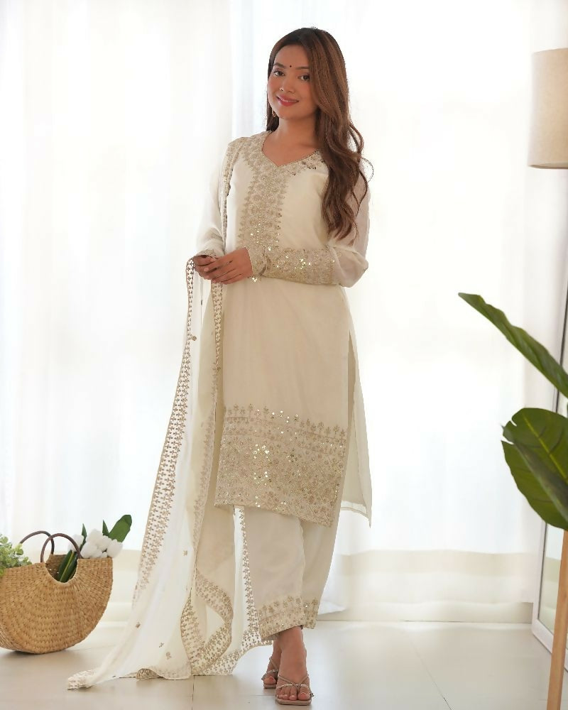 Joban Fashion White Kurta Set Silk Sequence Embroidery Work - Swadesiicart
