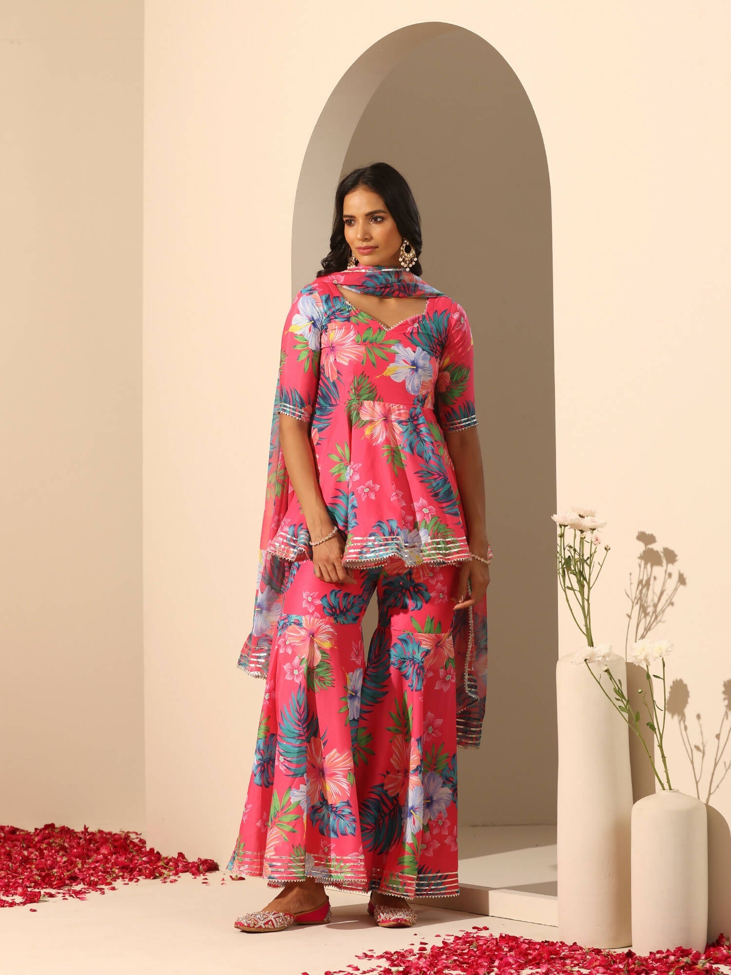 Pomcha Jaipur Pink Gul Qudrat Sharara Set | Swadesiicart