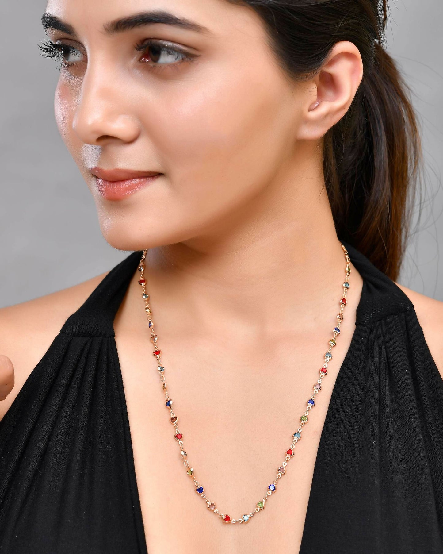 VOJ Gold-Polished Chain For Women With Multi Colour Hearts | Swadesiicart
