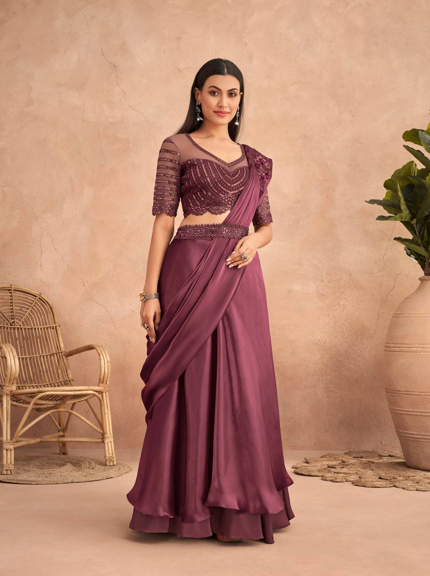 Wine Satin Embroidered Ready To Wear Saree With Unstitched Blouse Piece - Nandika | Swadesiicart