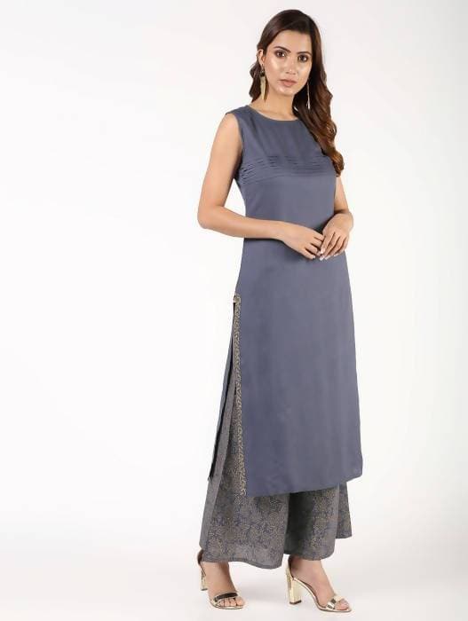 Aniyah Rayon Solid Pintucks Straight Grey Kurta (AN-154K) - Swadesiicart