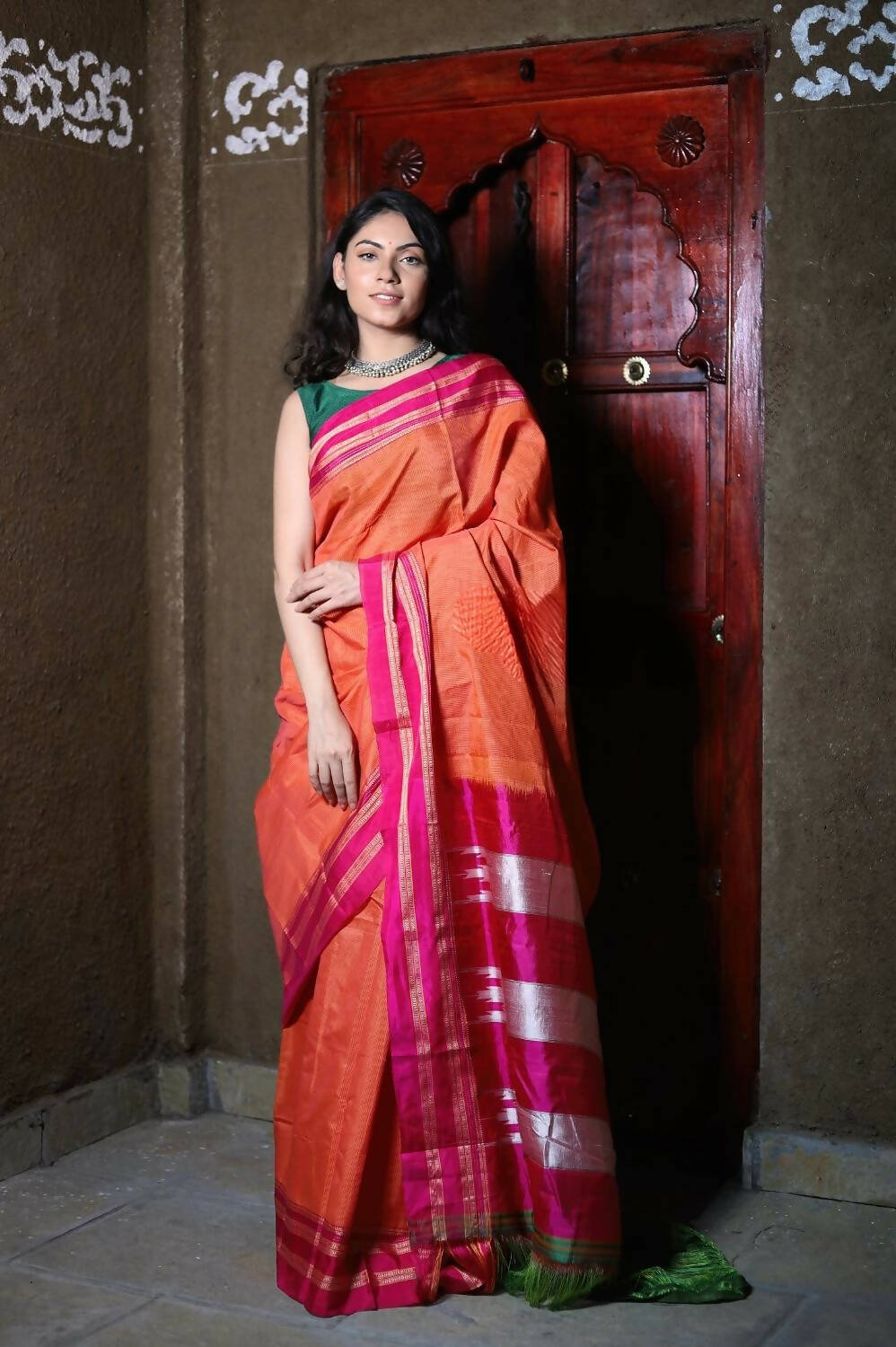 Very Much Indian Handloom Cotton Viscose Ilkal Saree With Pure Resham Pallu - Orange | Swadesiicart