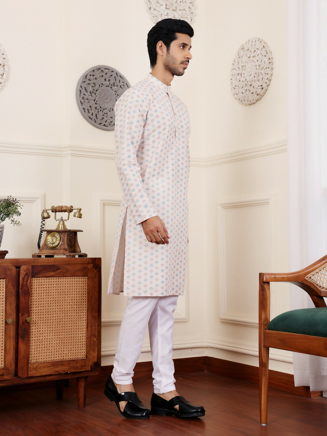 Off White Viscose Chikankari Embroidery Work Men's Rajwadi Kurta Set - Mahotsav | Swadesiicart