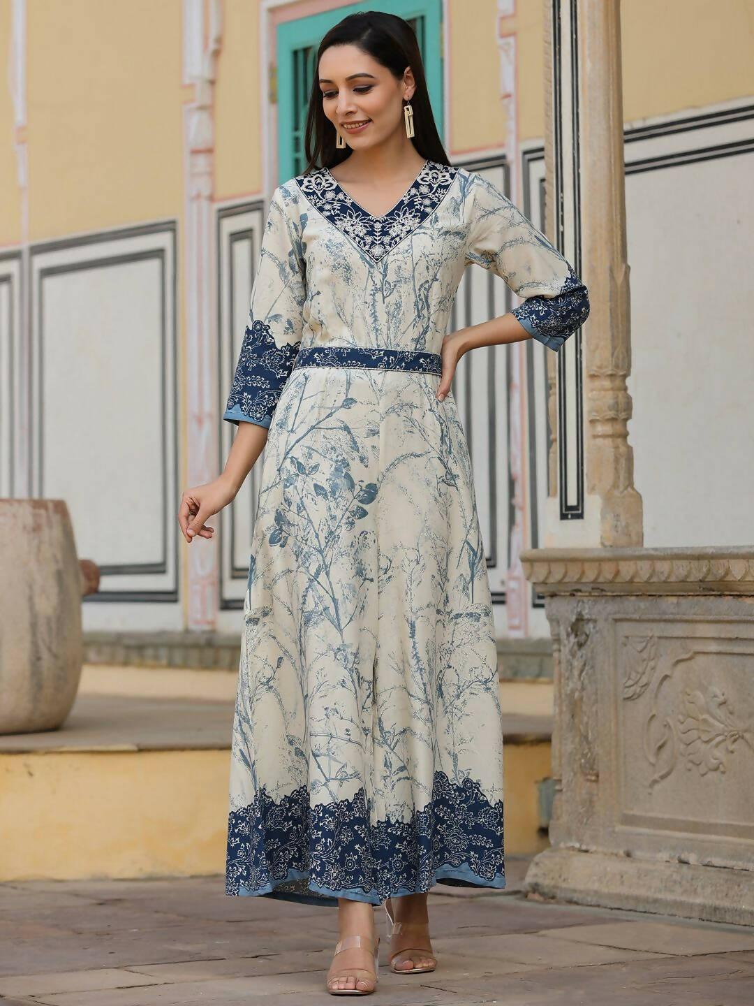 Juniper Women's Offwhite Rayon Staple Printed With Embroidery Straight Jumpsuit - Swadesiicart