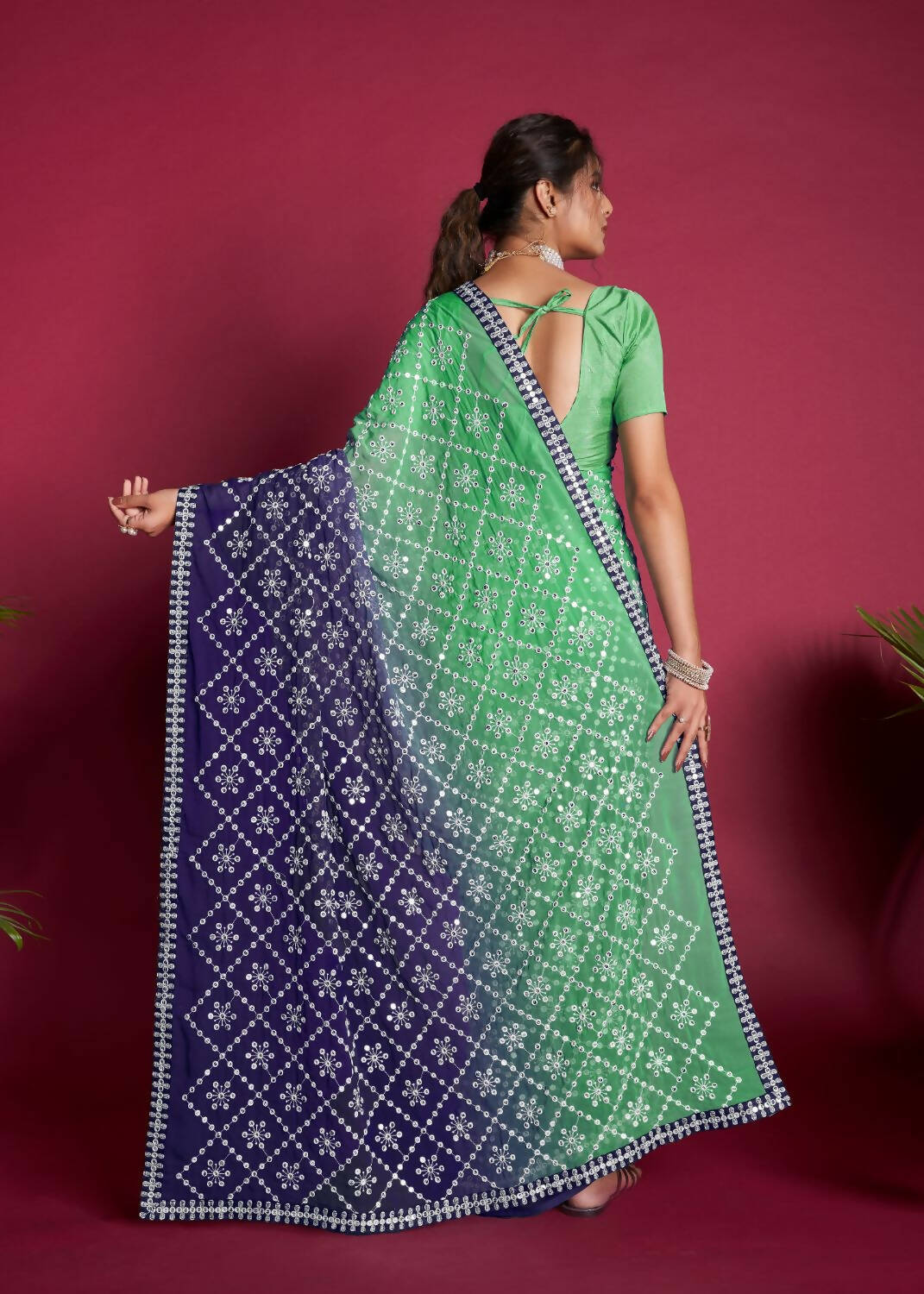 Vamsee Green And Blue Georgette Designer Saree - Swadesiicart