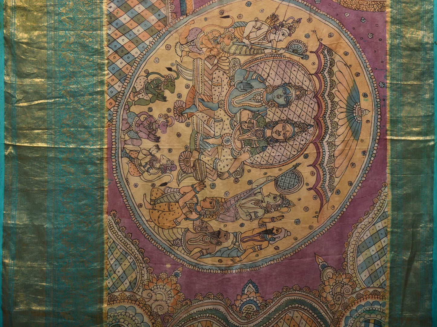 Turquoise and Burgundy Kalamkari Hand Painted Kanchipuram Silk Handloom Saree with Ramayan Theme Design - Global Threads | Swadesiicart