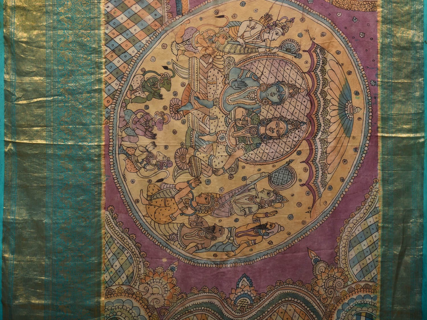 Turquoise and Burgundy Kalamkari Hand Painted Kanchipuram Silk Handloom Saree with Ramayan Theme Design - Global Threads | Swadesiicart