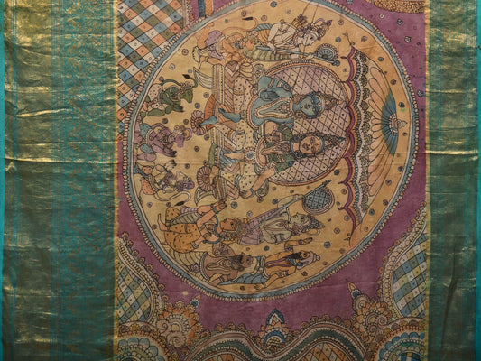 Turquoise and Burgundy Kalamkari Hand Painted Kanchipuram Silk Handloom Saree with Ramayan Theme Design - Global Threads | Swadesiicart