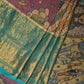 Turquoise and Burgundy Kalamkari Hand Painted Kanchipuram Silk Handloom Saree with Ramayan Theme Design - Global Threads | Swadesiicart