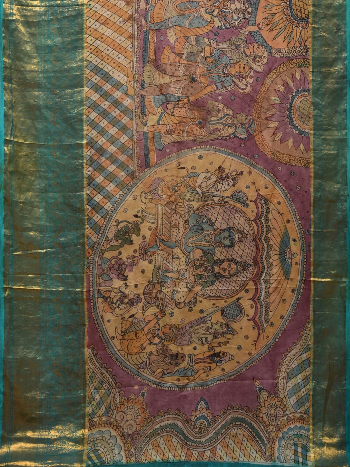 Turquoise and Burgundy Kalamkari Hand Painted Kanchipuram Silk Handloom Saree with Ramayan Theme Design - Global Threads | Swadesiicart