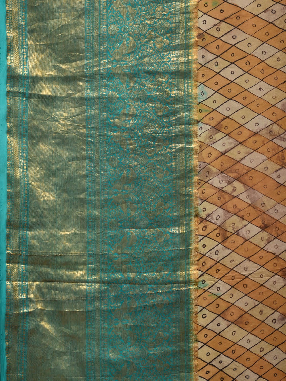 Turquoise and Burgundy Kalamkari Hand Painted Kanchipuram Silk Handloom Saree with Ramayan Theme Design - Global Threads | Swadesiicart