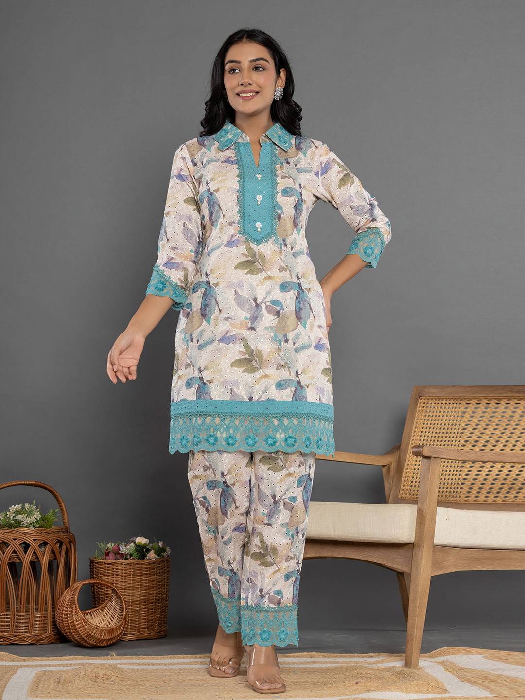 Yufta Turquoise Blue Cotton Schiffli Co-Ord Set With Lace - Swadesiicart