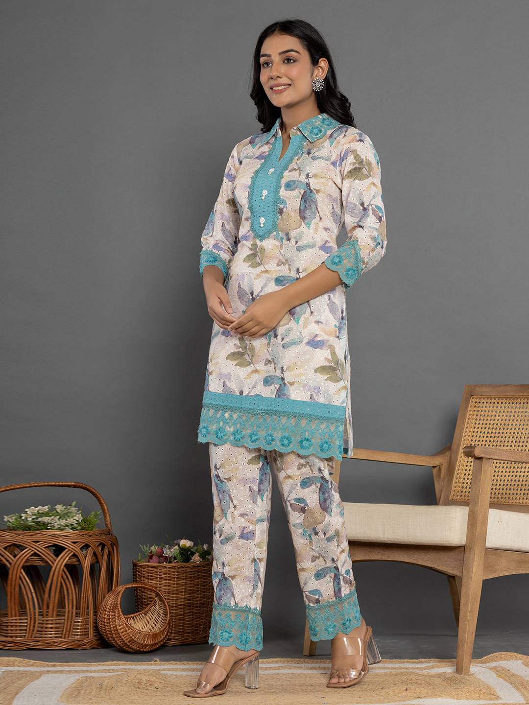 Yufta Turquoise Blue Cotton Schiffli Co-Ord Set With Lace - Swadesiicart