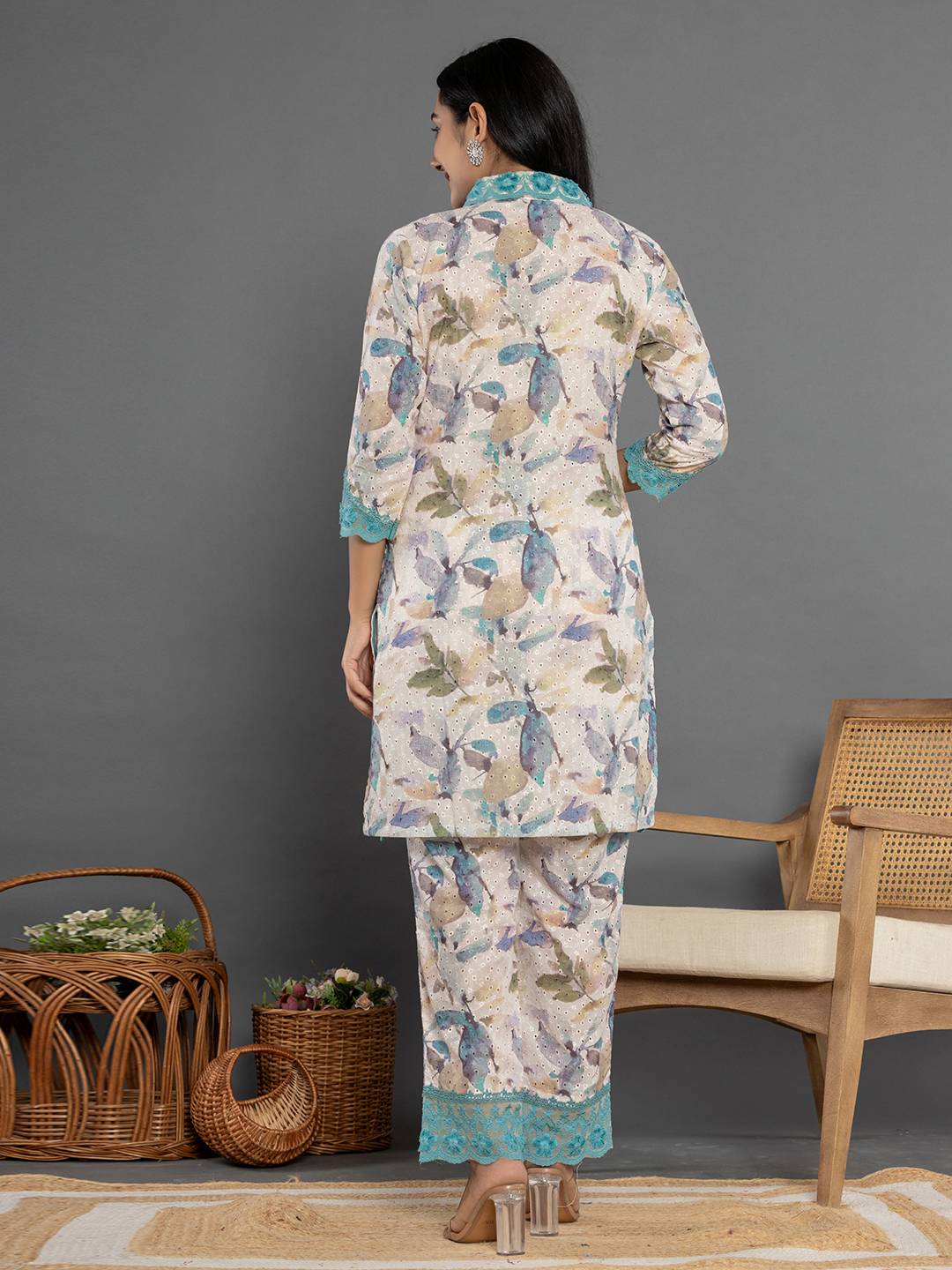 Yufta Turquoise Blue Cotton Schiffli Co-Ord Set With Lace - Swadesiicart