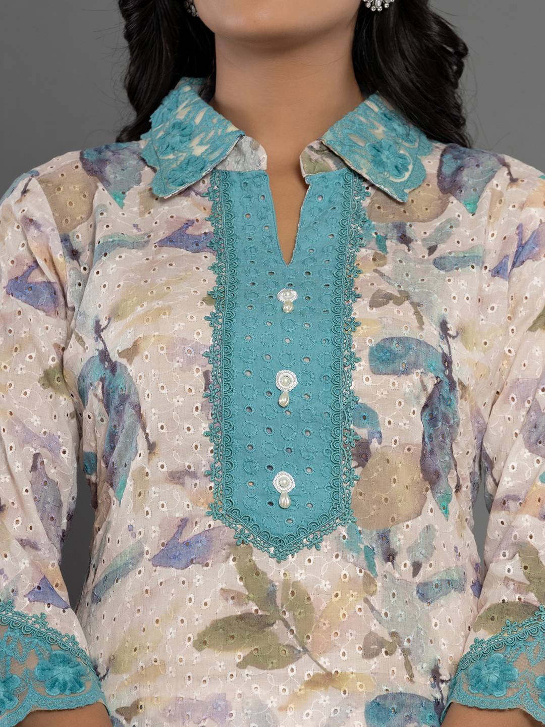 Yufta Turquoise Blue Cotton Schiffli Co-Ord Set With Lace - Swadesiicart
