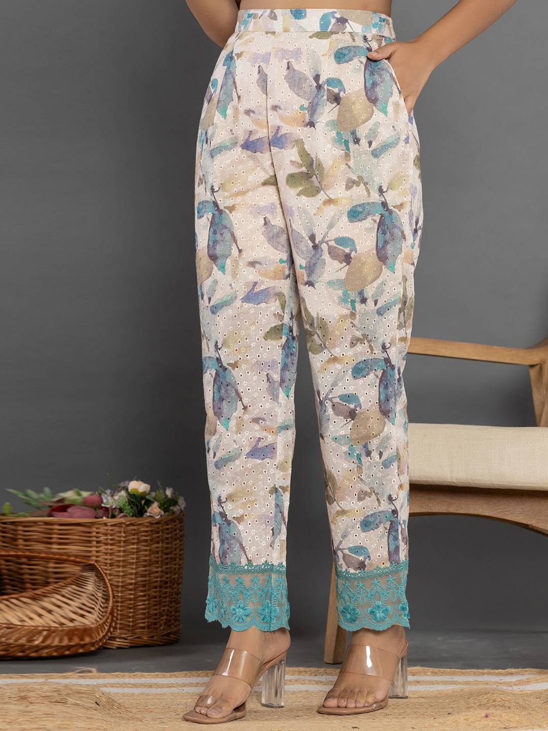 Yufta Turquoise Blue Cotton Schiffli Co-Ord Set With Lace - Swadesiicart