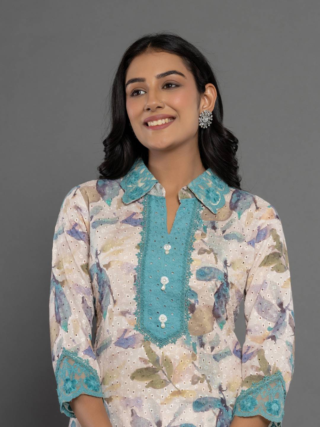 Yufta Turquoise Blue Cotton Schiffli Co-Ord Set With Lace - Swadesiicart