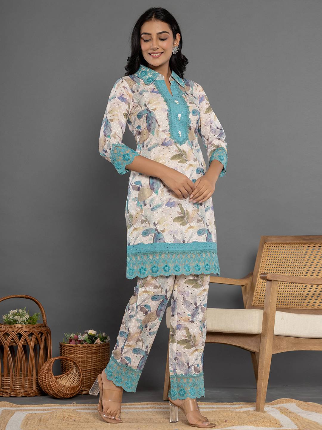 Yufta Turquoise Blue Cotton Schiffli Co-Ord Set With Lace - Swadesiicart
