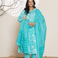 Yufta Turquoise Blue Floral Print Embroidery Cotton Anarkali Suit Set - Swadesiicart