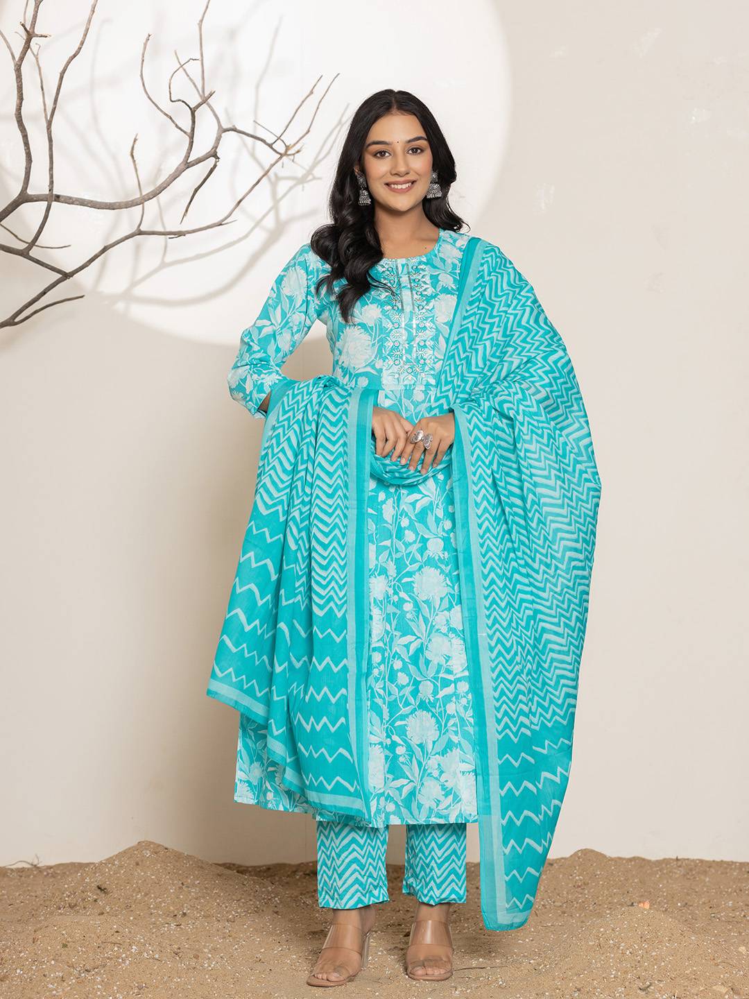 Yufta Turquoise Blue Floral Print Embroidery Cotton Anarkali Suit Set - Swadesiicart