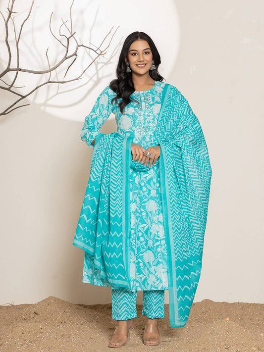 Yufta Turquoise Blue Floral Print Embroidery Cotton Anarkali Suit Set - Swadesiicart