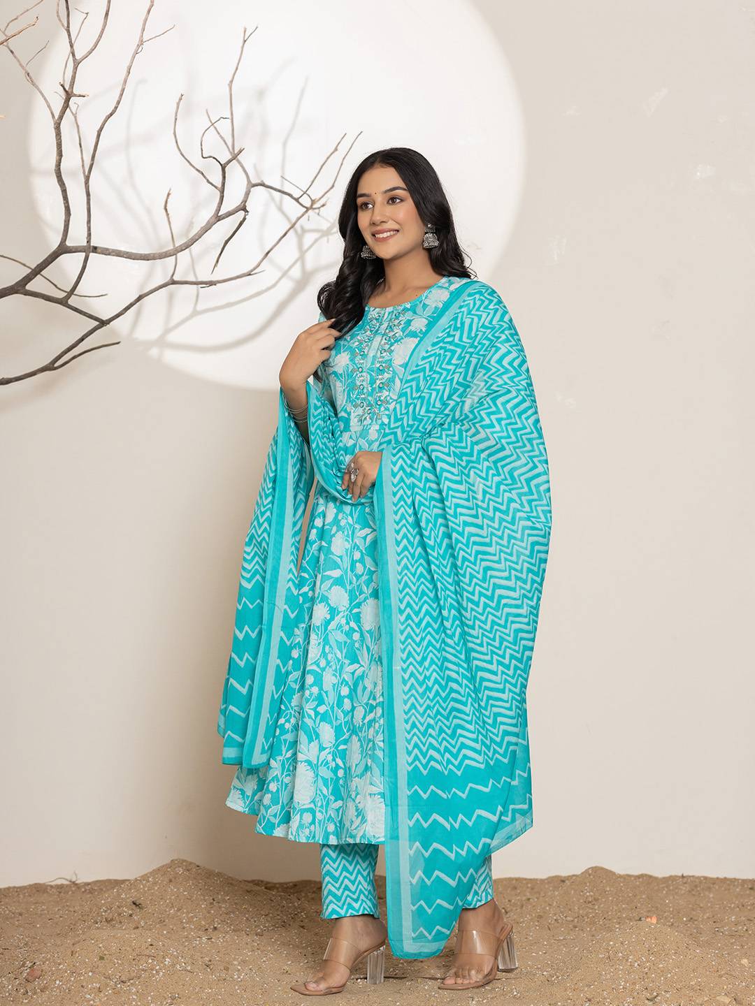 Yufta Turquoise Blue Floral Print Embroidery Cotton Anarkali Suit Set - Swadesiicart
