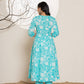 Yufta Turquoise Blue Floral Print Embroidery Cotton Anarkali Suit Set - Swadesiicart