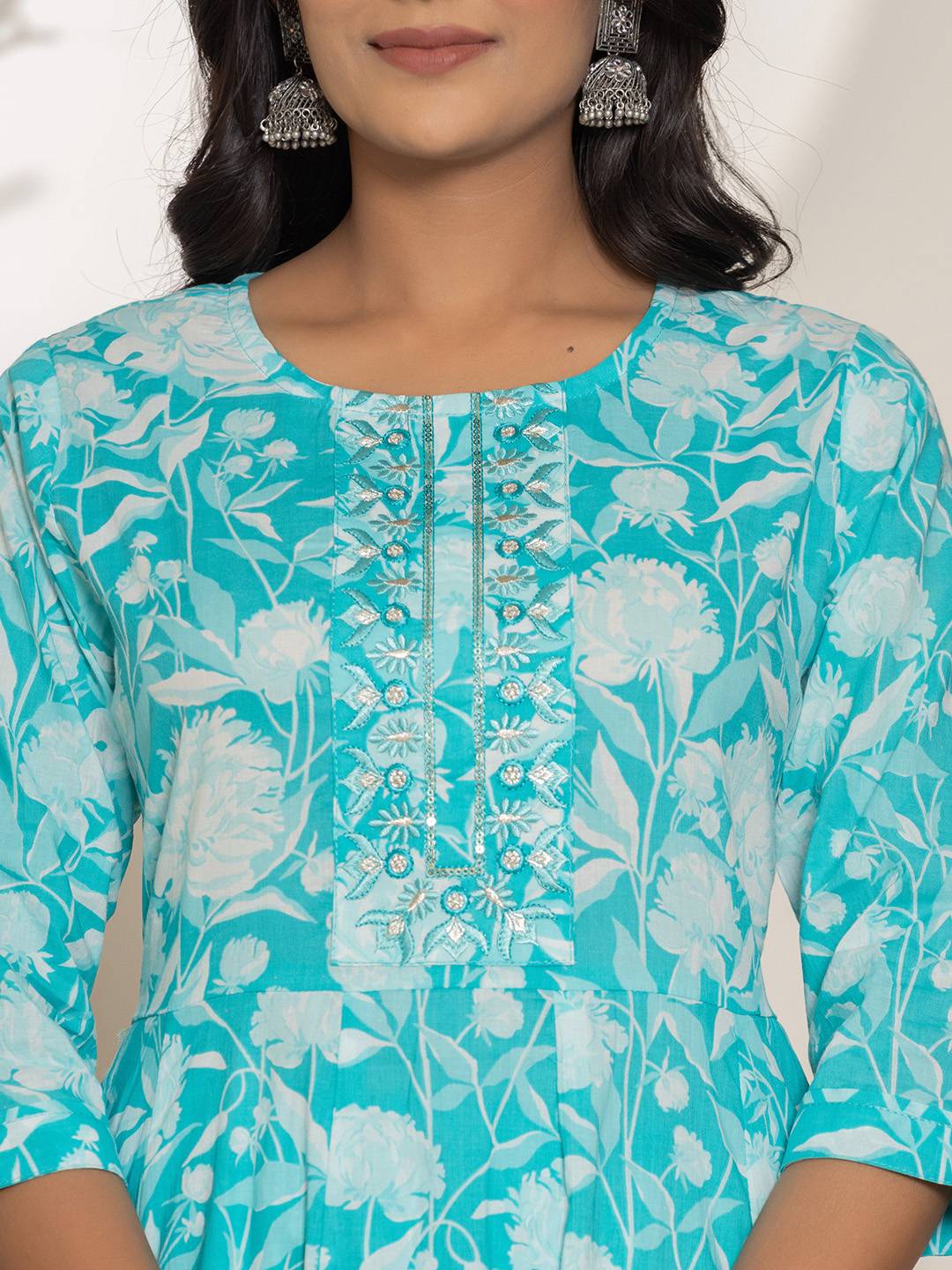 Yufta Turquoise Blue Floral Print Embroidery Cotton Anarkali Suit Set - Swadesiicart