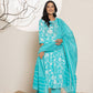 Yufta Turquoise Blue Floral Print Embroidery Cotton Anarkali Suit Set - Swadesiicart