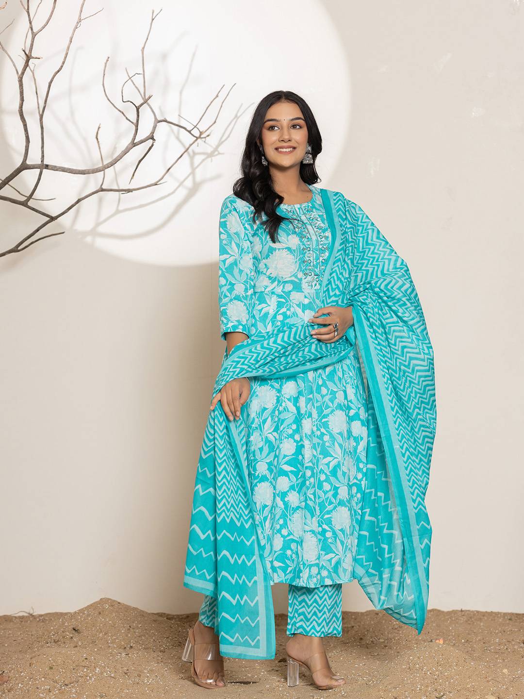 Yufta Turquoise Blue Floral Print Embroidery Cotton Anarkali Suit Set - Swadesiicart