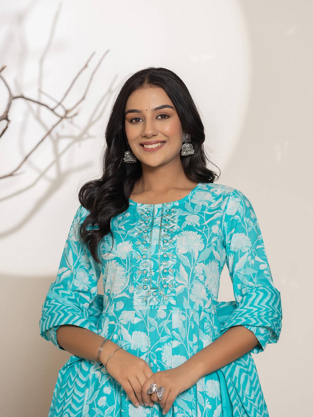 Yufta Turquoise Blue Floral Print Embroidery Cotton Anarkali Suit Set - Swadesiicart