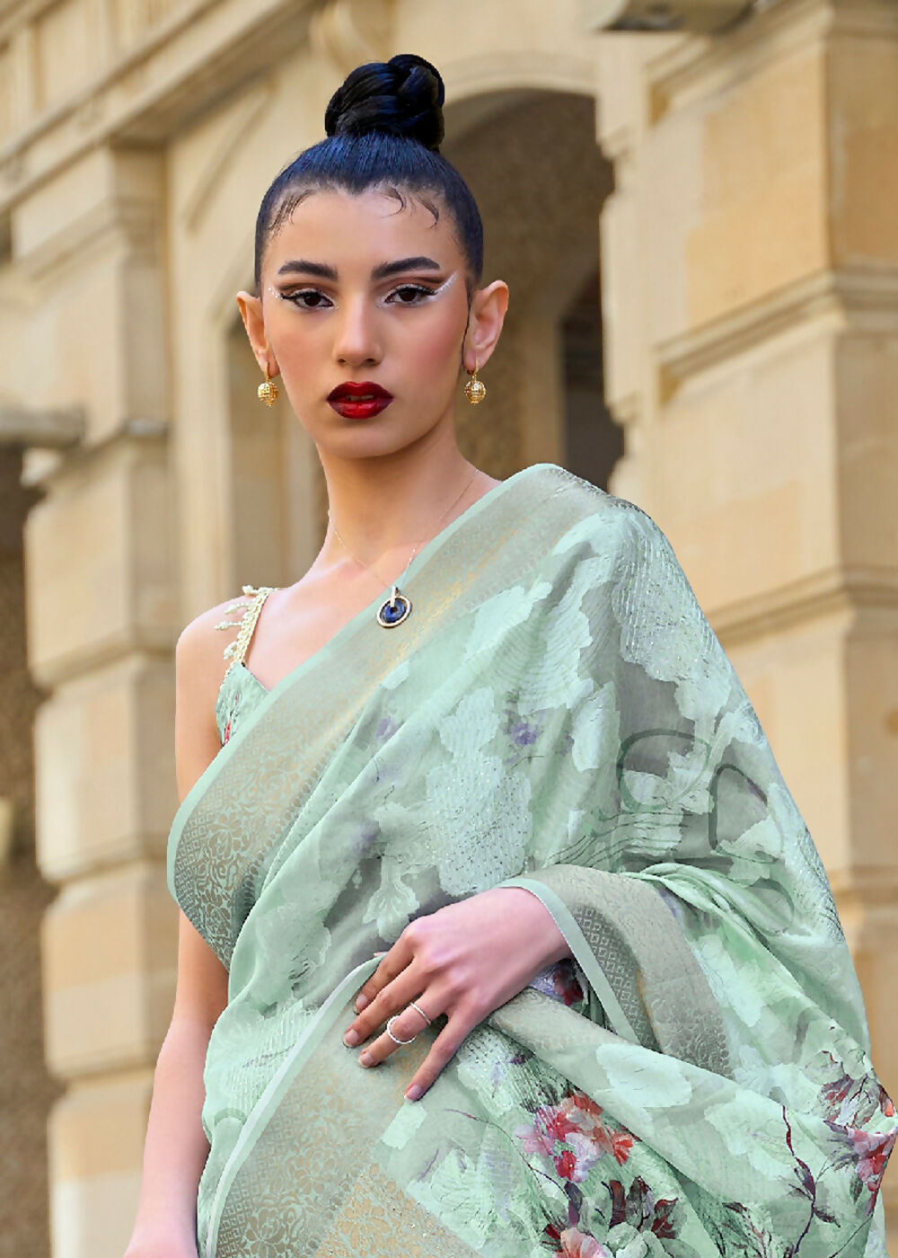 Lovely Teal Blue Polly Brasso Designer Saree - Emponline | Swadesiicart