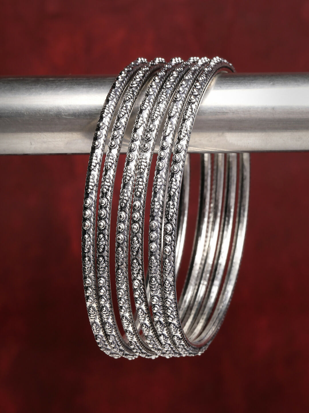 NVR Women's Set of 6 Silver-Toned German Silver Oxidised Bangles - Swadesiicart