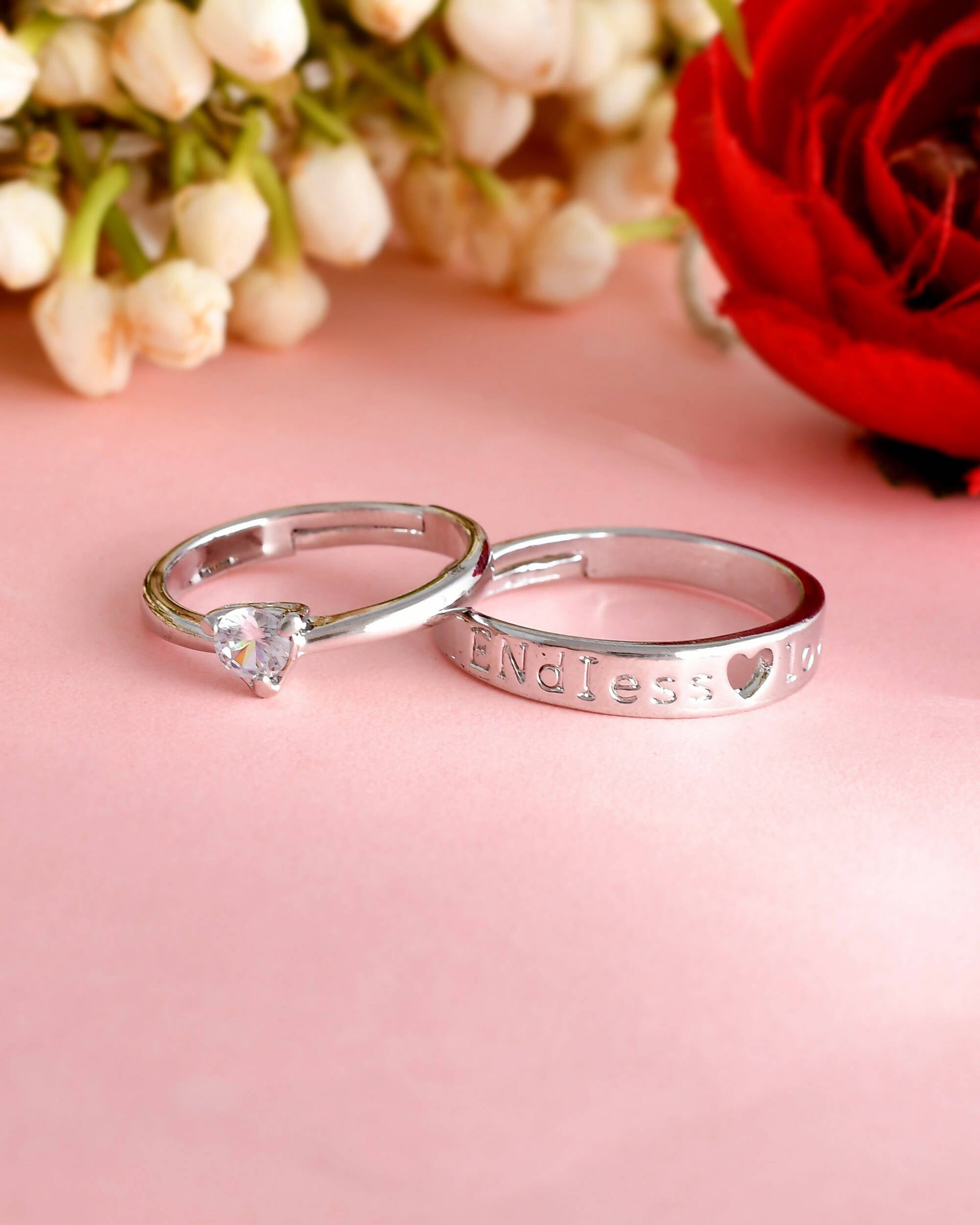 VOJ Stainless Steel Cubic Zirconia Silver Plated Adjustable Ring Set for Couple | Swadesiicart